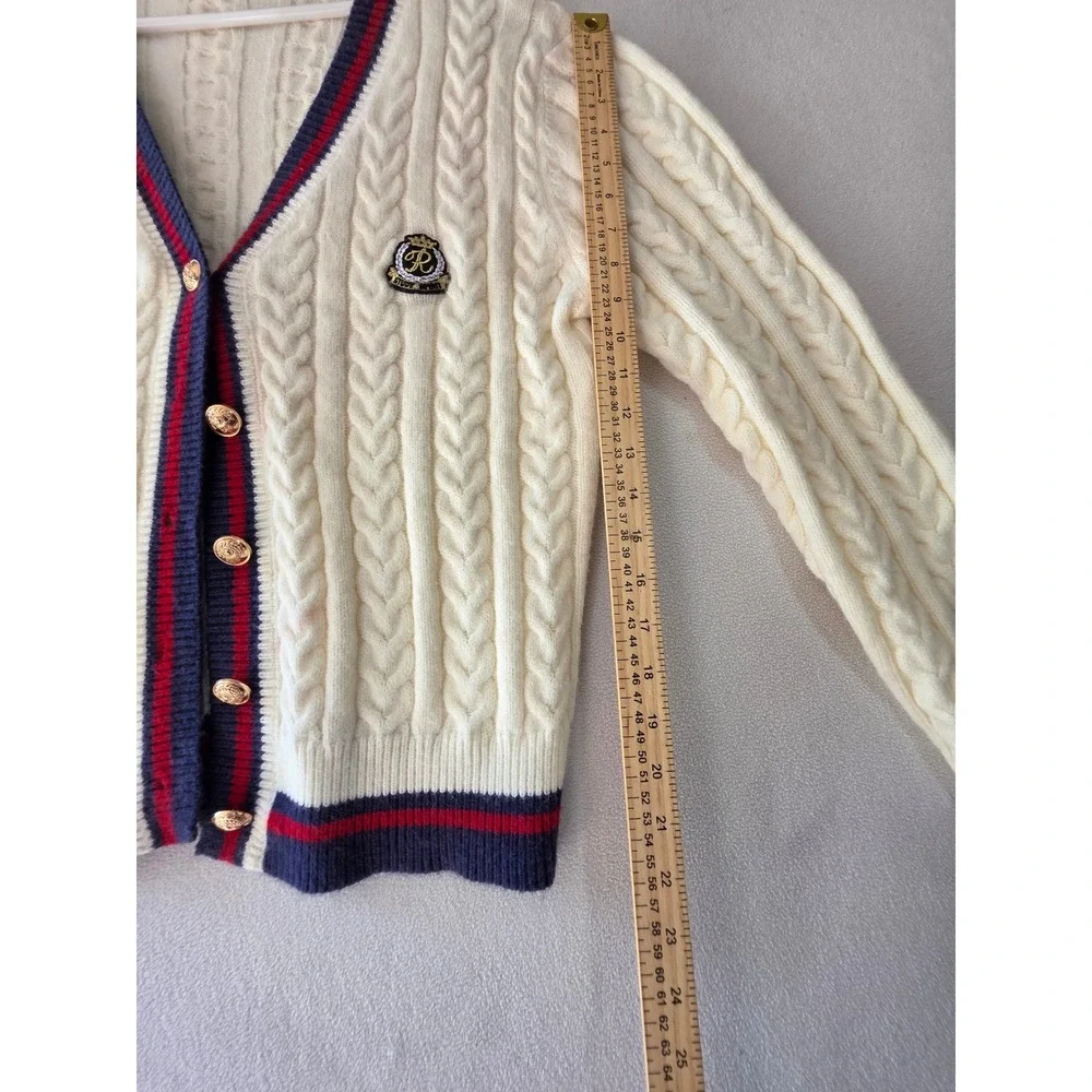 Womens Cable Knit Cardigan Sweater Cream Navy Red Gold Buttons Preppy Size L